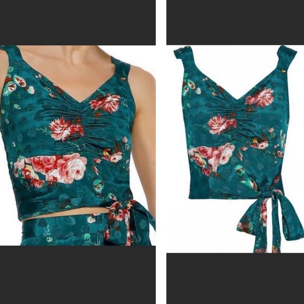 Walter Baker Satin Green Floral Cropped Cinched Tank Top With Self Tie Back
